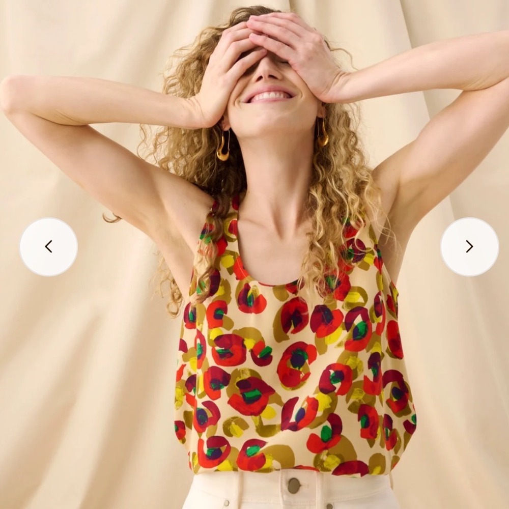 MM LaFleur Vicki Washable Silk Shell Top Peacock Print Painted Poppies Floral Md